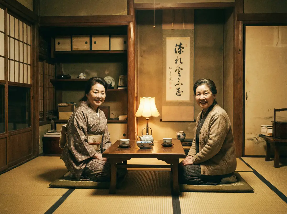 两位优雅的 果冻视频传媒 在日式茶室中品茶交谈
